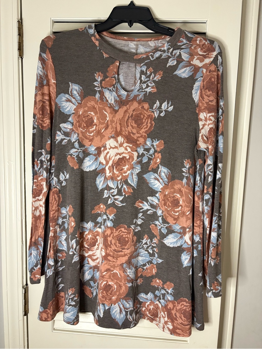 Floral Keyhole Long Sleeve Top - Brown & Rust